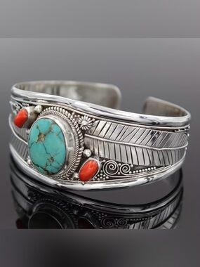 Turquoise and Coral Cuff Bracelet